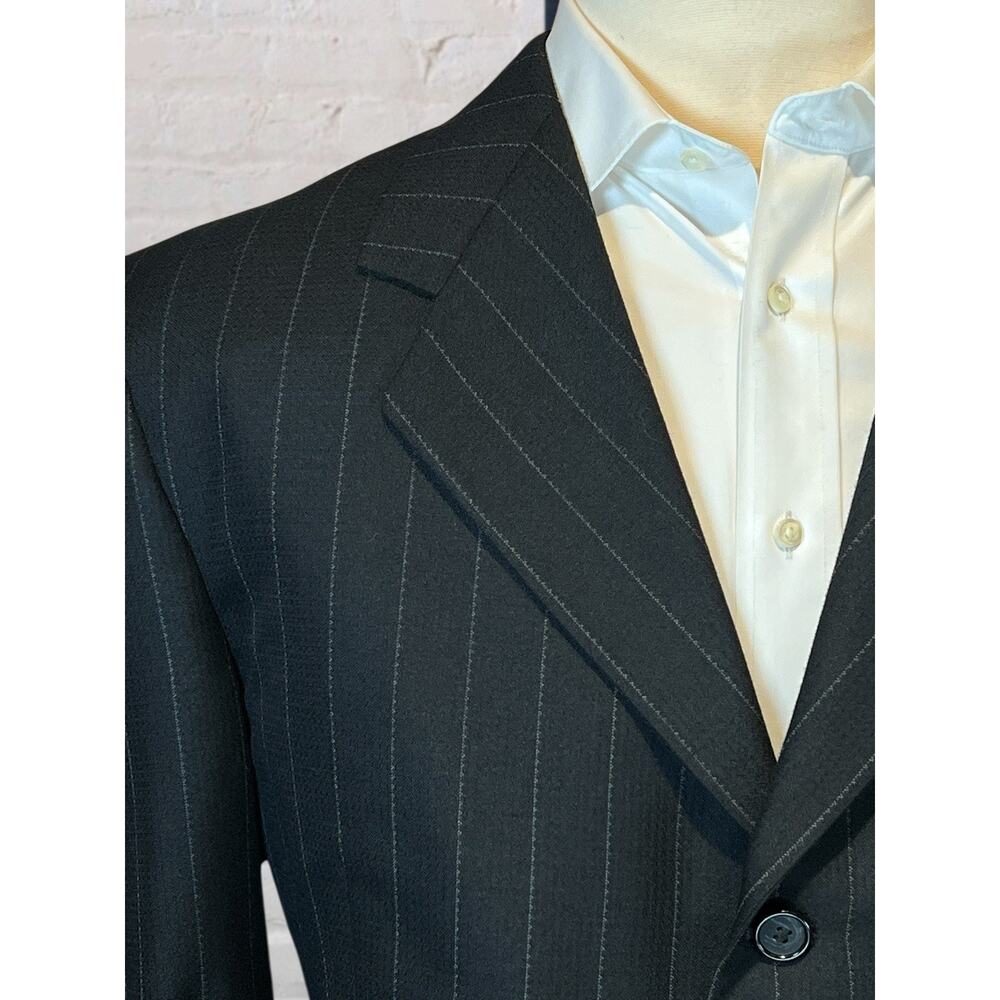 Vintage Franco Lanzetti Mens 46R 38x29 Black Gray Banker's Stripe 4 Btn Suit - Picture 4 of 16